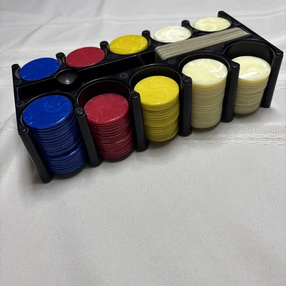 Vtg 190 Marbled Bakelite? Red Butterscotch, Blue, White Poker Chips Caddy Cards